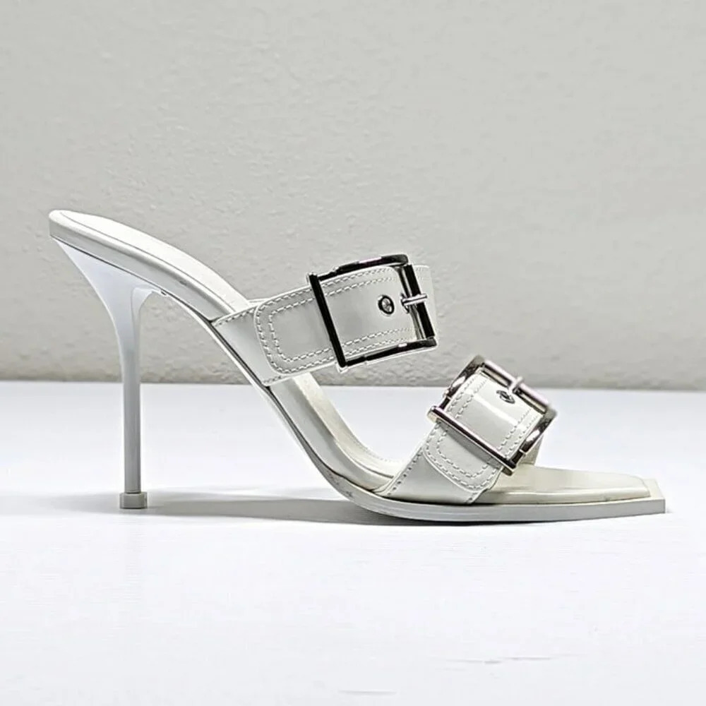 Alexander McQueen Women's White Double Buckle Punk Mules Size 41 (MSRP $1,090) - Picture 5 of 12